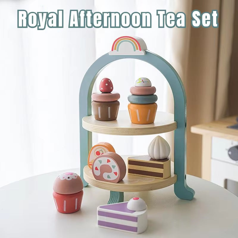 Royal Afternoon Tea Set Pretend Play Wooden Toys Kitchen Cake Role Play Parent-Child Learning Educational Toys for Children Gift