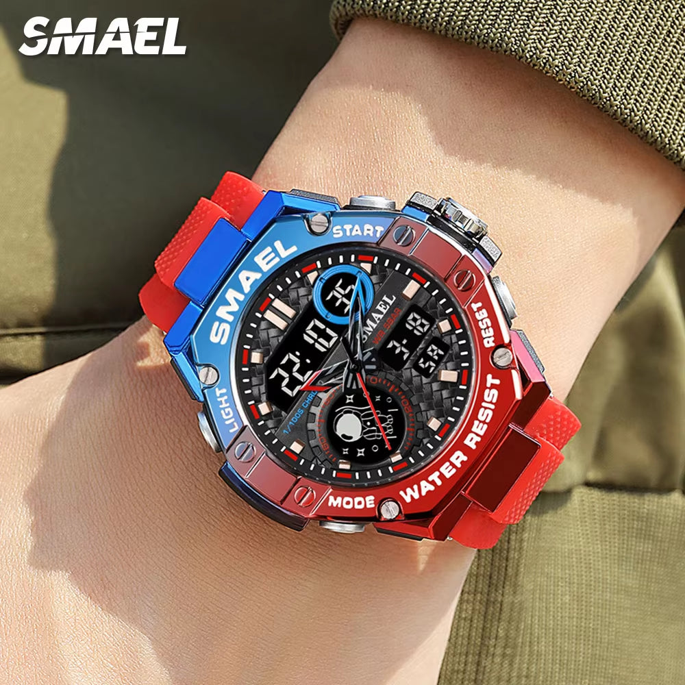 Red Digital Quartz Watch Men Dual Time Display Electronic Chronograph Sport Wristwatch with Auto Date LED Week Alarm 8068