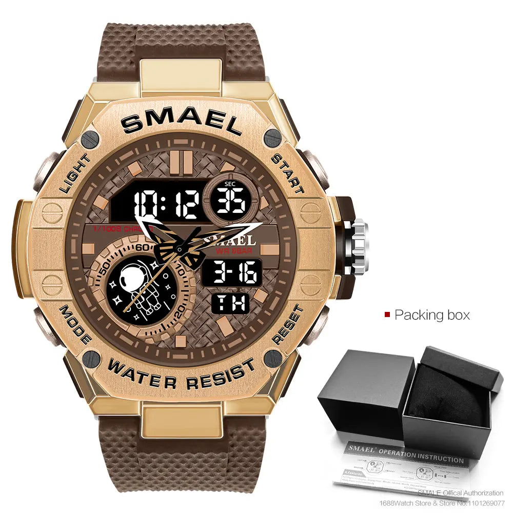 Red Digital Quartz Watch Men Dual Time Display Electronic Chronograph Sport Wristwatch with Auto Date LED Week Alarm 8068