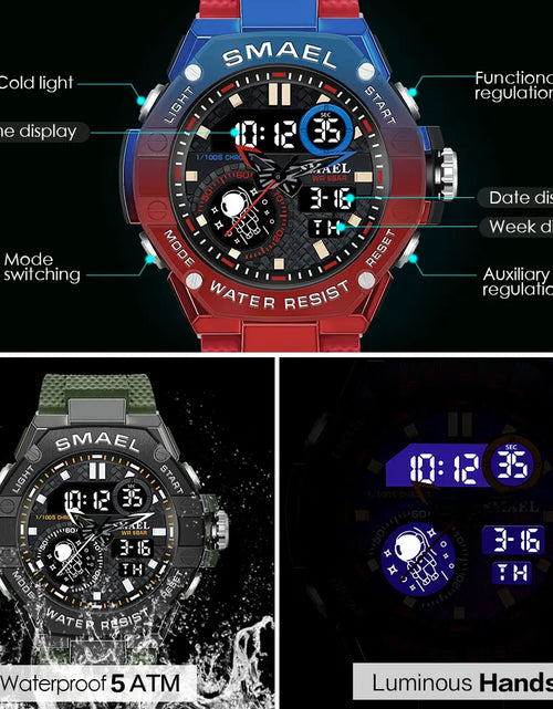 Load image into Gallery viewer, Red Digital Quartz Watch Men Dual Time Display Electronic Chronograph Sport Wristwatch with Auto Date LED Week Alarm 8068
