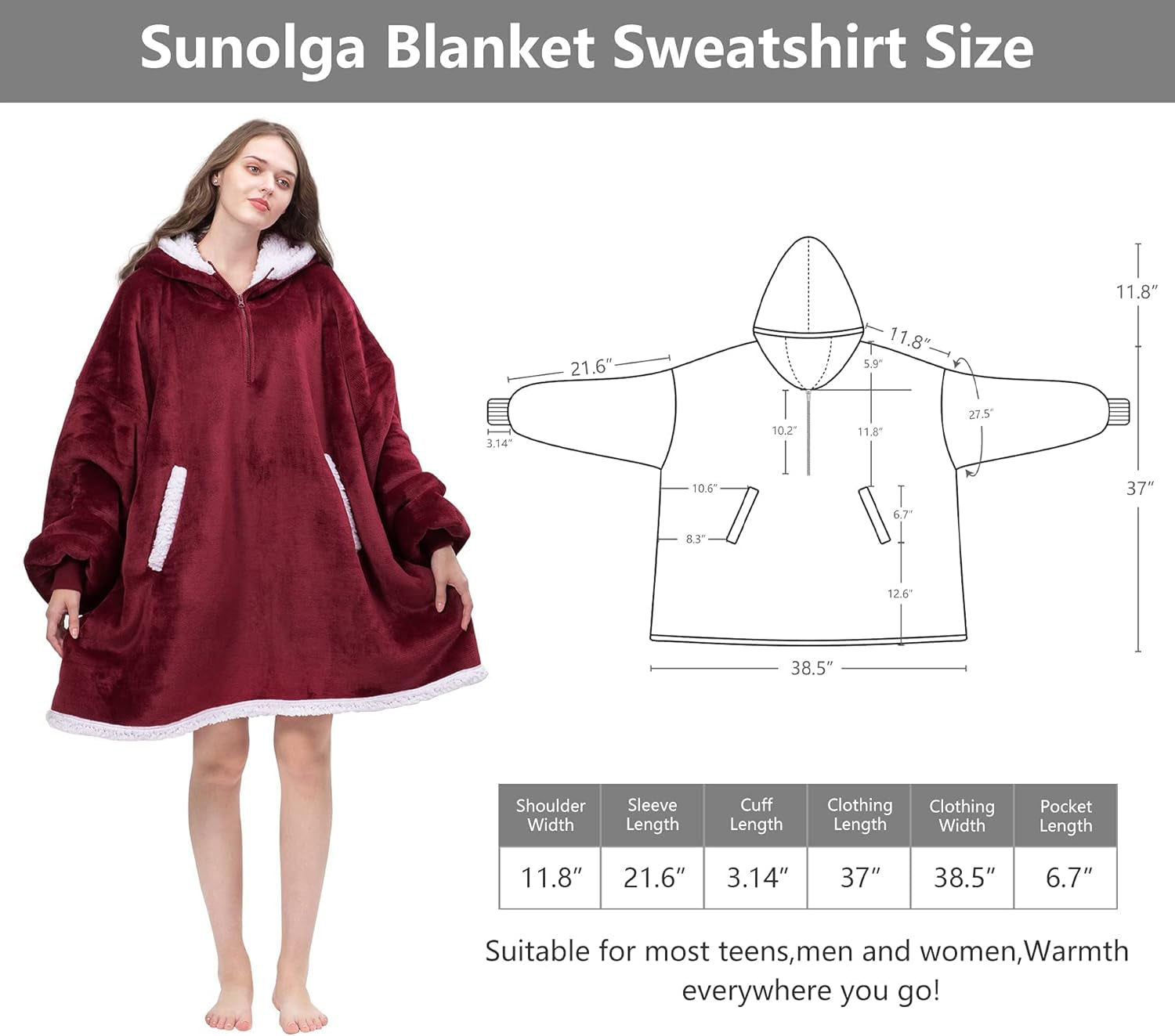 Wearable Blanket Oversized Microfiber Sherpa Wearable Blanket Hoodie, Sweatshirt with Hood Pocket and Sleeves, Super Soft Warm Plush Hooded Blanket for Adult Women Men One Size Fits All Wine