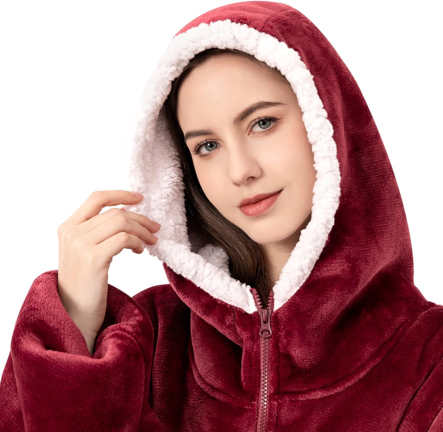 Wearable Blanket Oversized Microfiber Sherpa Wearable Blanket Hoodie, Sweatshirt with Hood Pocket and Sleeves, Super Soft Warm Plush Hooded Blanket for Adult Women Men One Size Fits All Wine