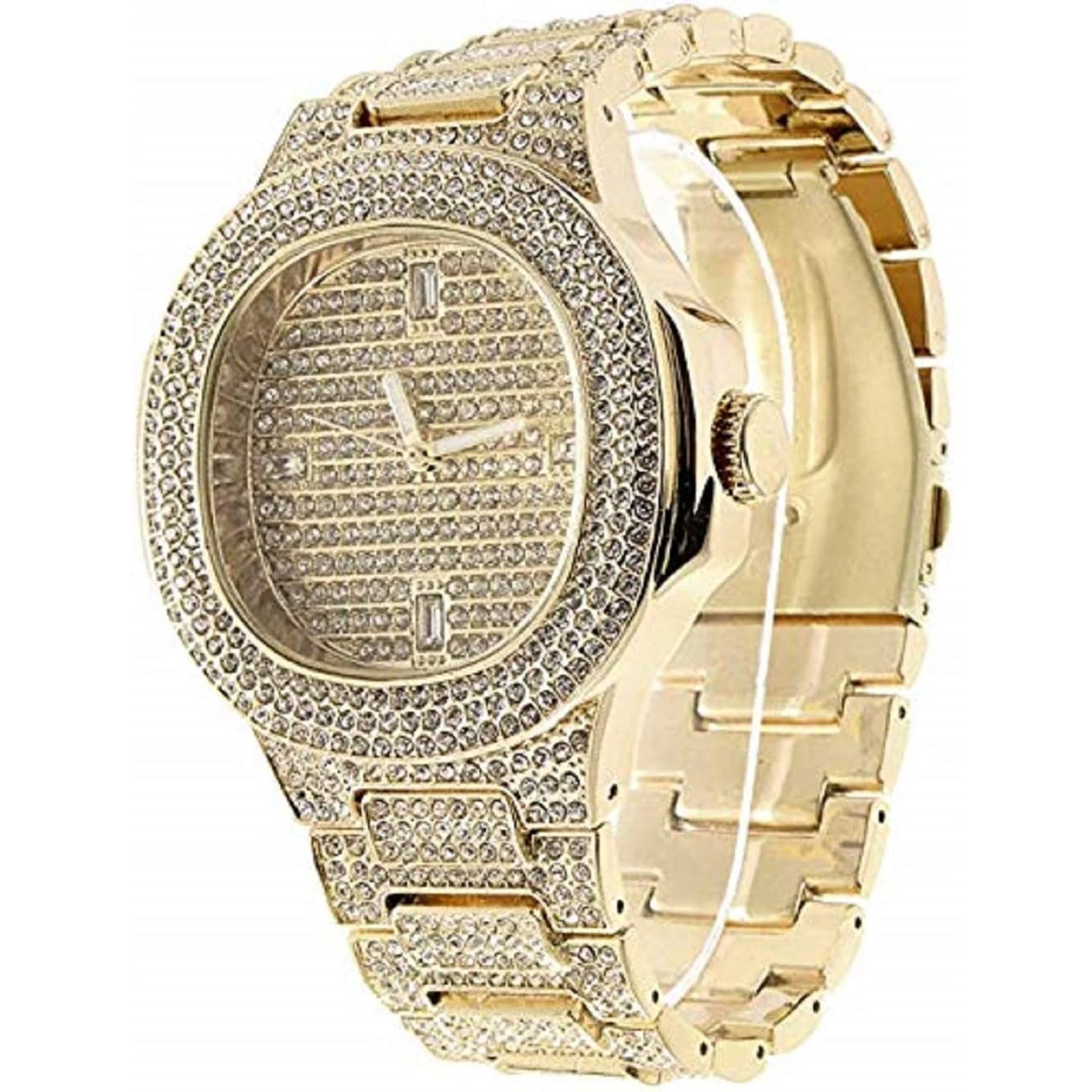 Silver Plated Bling-Ed Out Oblong Case Metal Mens Watch W/Matching Cuban Chain Bracelet, Cuban Necklace, Tennis Chain & Ring Size 11-8967CRNTS(11)