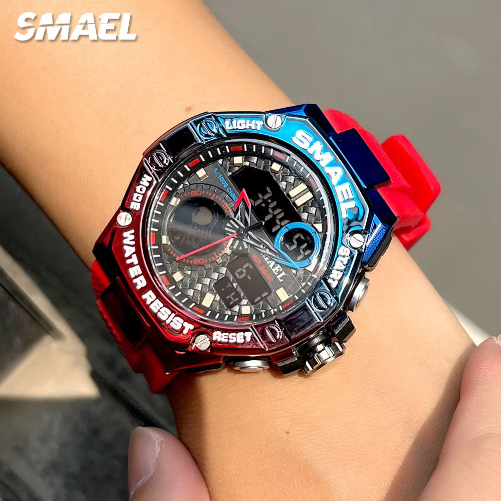 Red Digital Quartz Watch Men Dual Time Display Electronic Chronograph Sport Wristwatch with Auto Date LED Week Alarm 8068